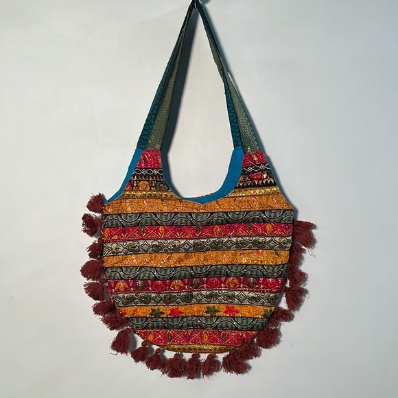 Handbags - Handmade Ethnic Hippie Metallic Print Boho Multi Purpose Tassel Zip Shoulder Bag